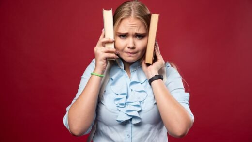 Mulher loira estudante segura seus livros e cobre os ouvidos com eles