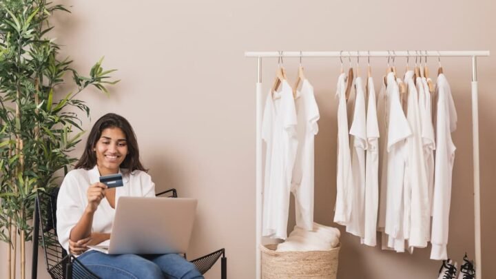 Mulher segurando um cartão e trabalhando no laptop